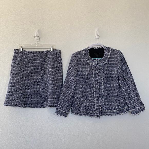 Ann Taylor Skirt Suit Tweed Blue & White Fringe Detail A-Line Skirt Women's 14 - Picture 1 of 13